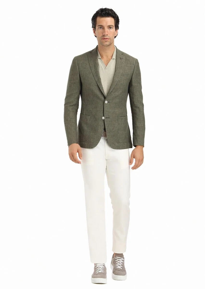 Khaki Plain Zeroweight Slim Fit 100% Linen Jacket - 1