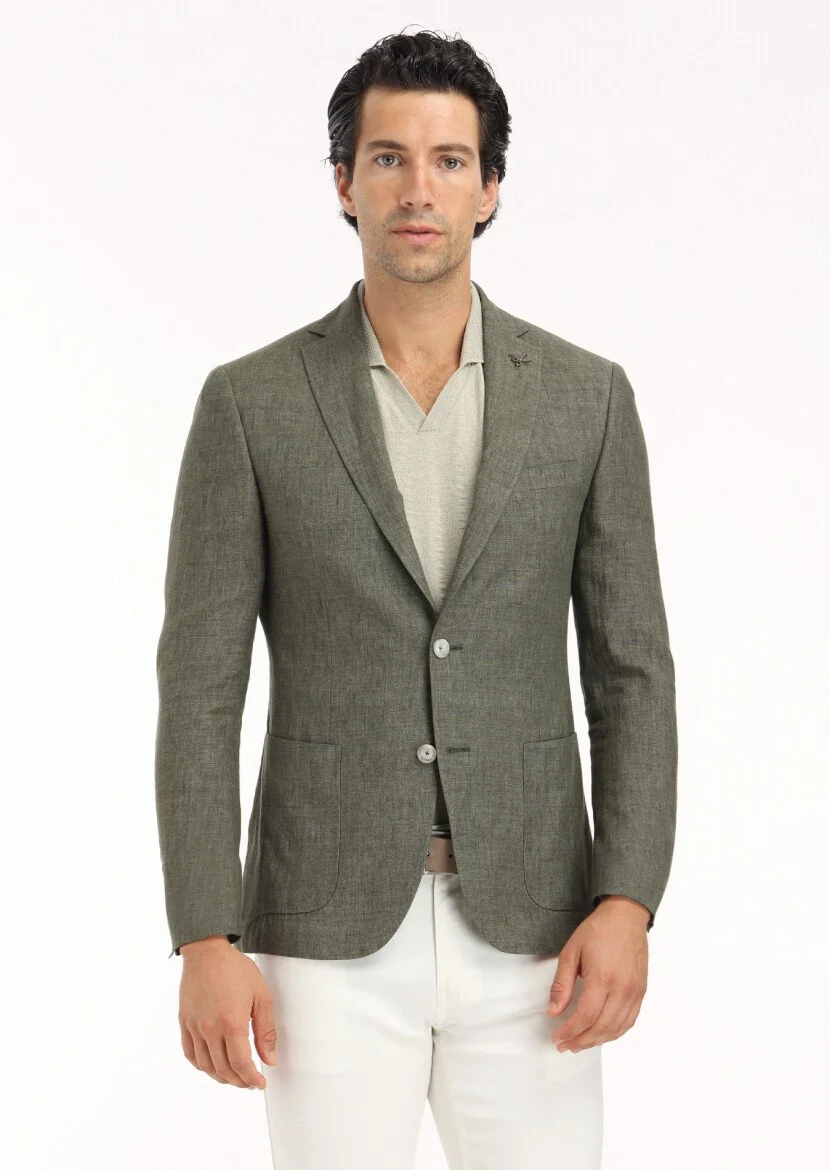 Khaki Plain Zeroweight Slim Fit 100% Linen Jacket - 2