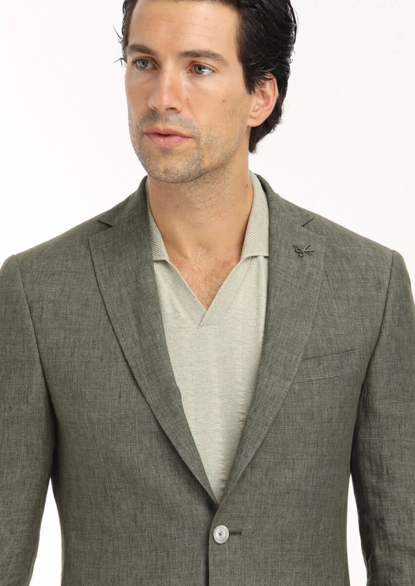 Khaki Plain Zeroweight Slim Fit 100% Linen Jacket - 3