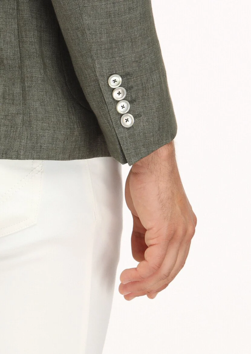 Khaki Plain Zeroweight Slim Fit 100% Linen Jacket - 5