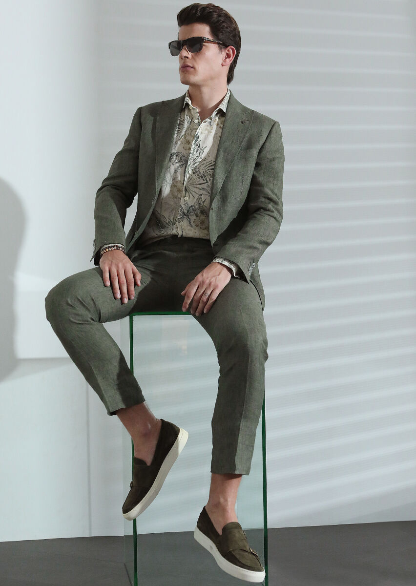 Khaki Plain Zeroweight Slim Fit 100% Linen Suit - 1
