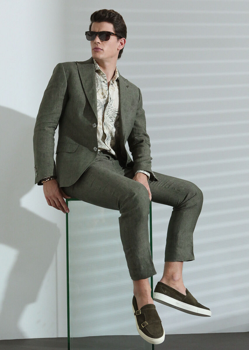 Khaki Plain Zeroweight Slim Fit 100% Linen Suit - 2