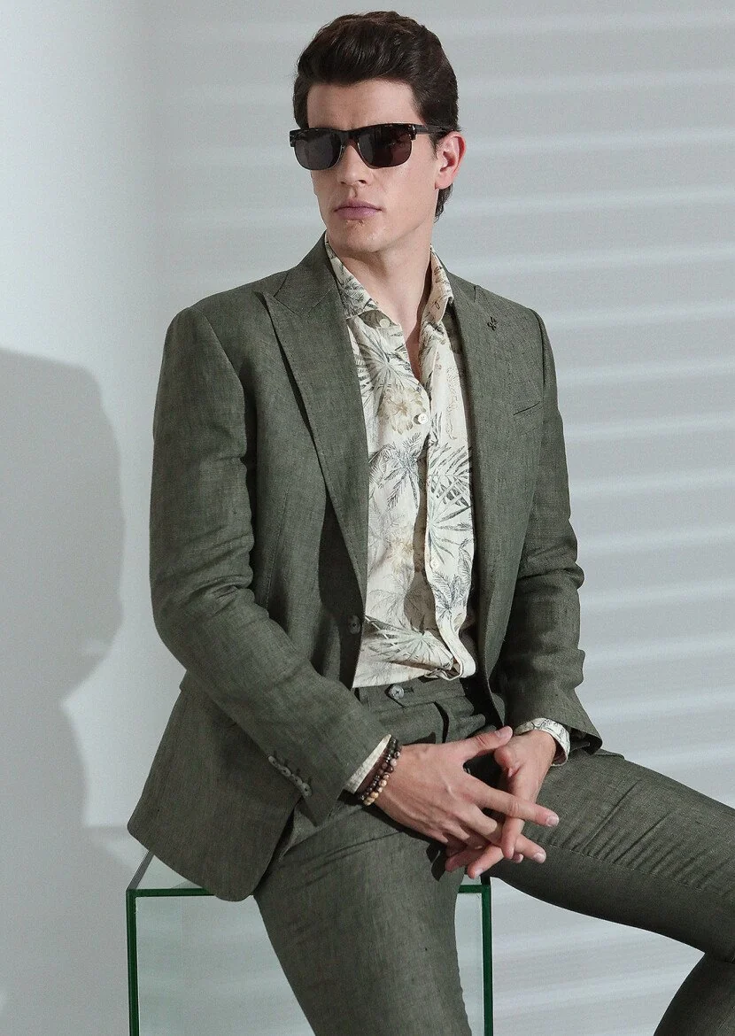 Khaki Plain Zeroweight Slim Fit 100% Linen Suit - 5