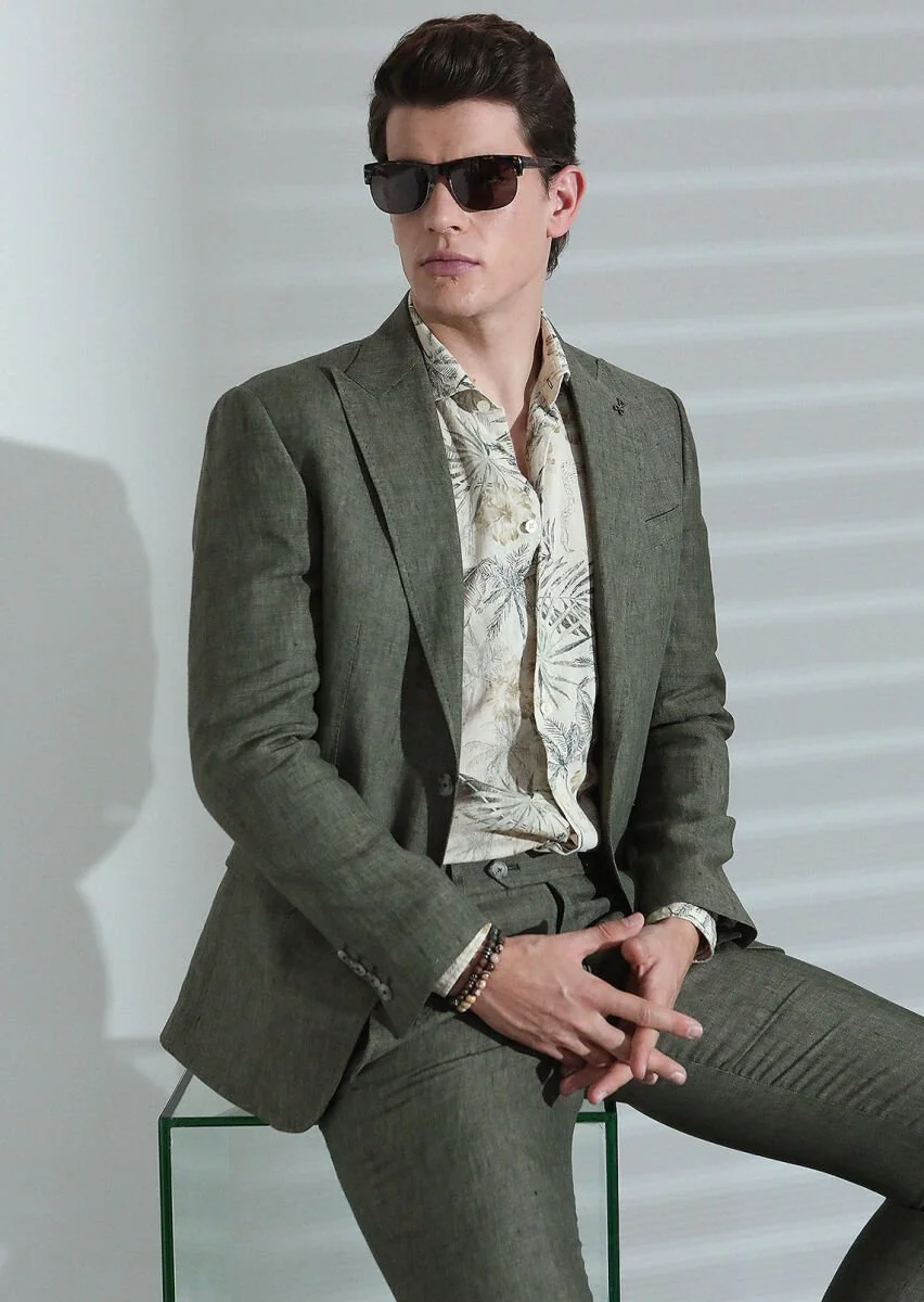 Khaki Plain Zeroweight Slim Fit 100% Linen Suit - 5