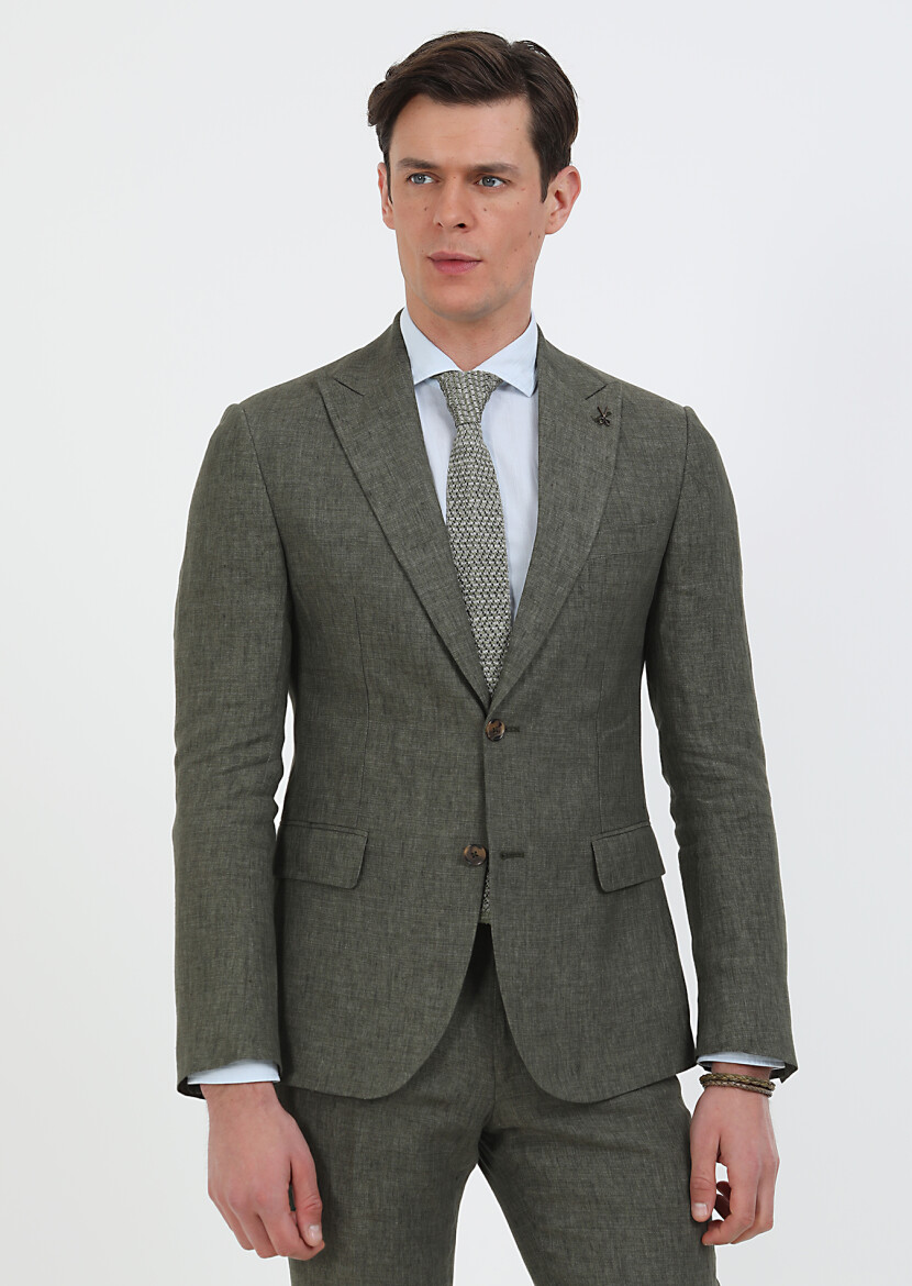 Khaki Plain Zeroweight Slim Fit 100% Linen Suit - 2