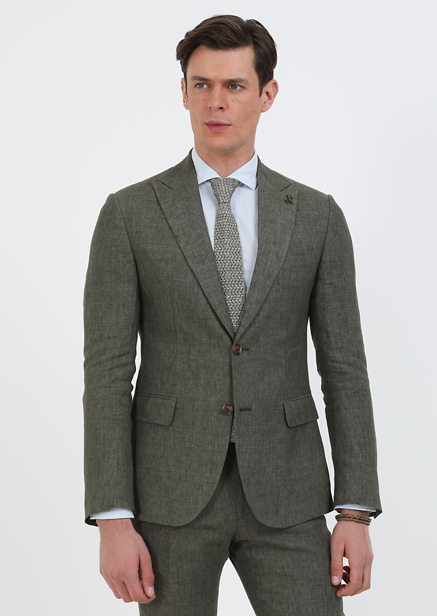 Khaki Plain Zeroweight Slim Fit 100% Linen Suit - 2