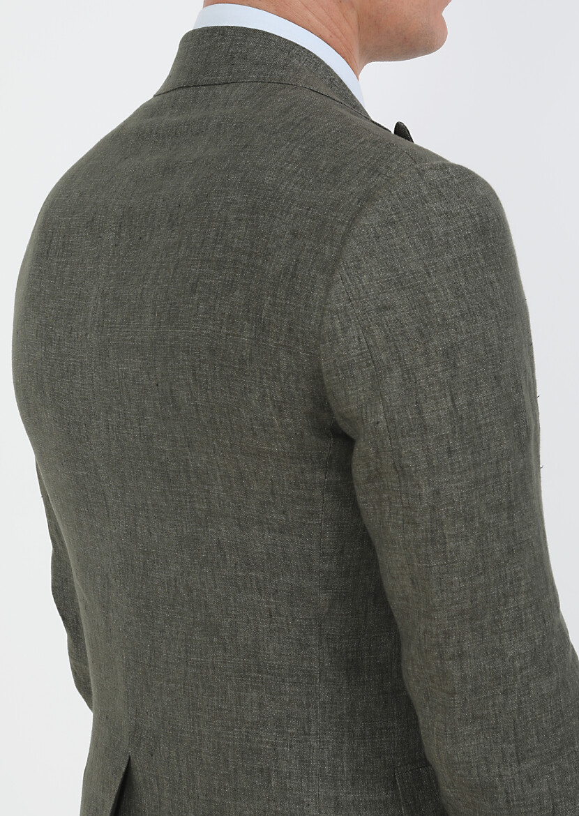 Khaki Plain Zeroweight Slim Fit 100% Linen Suit - 6