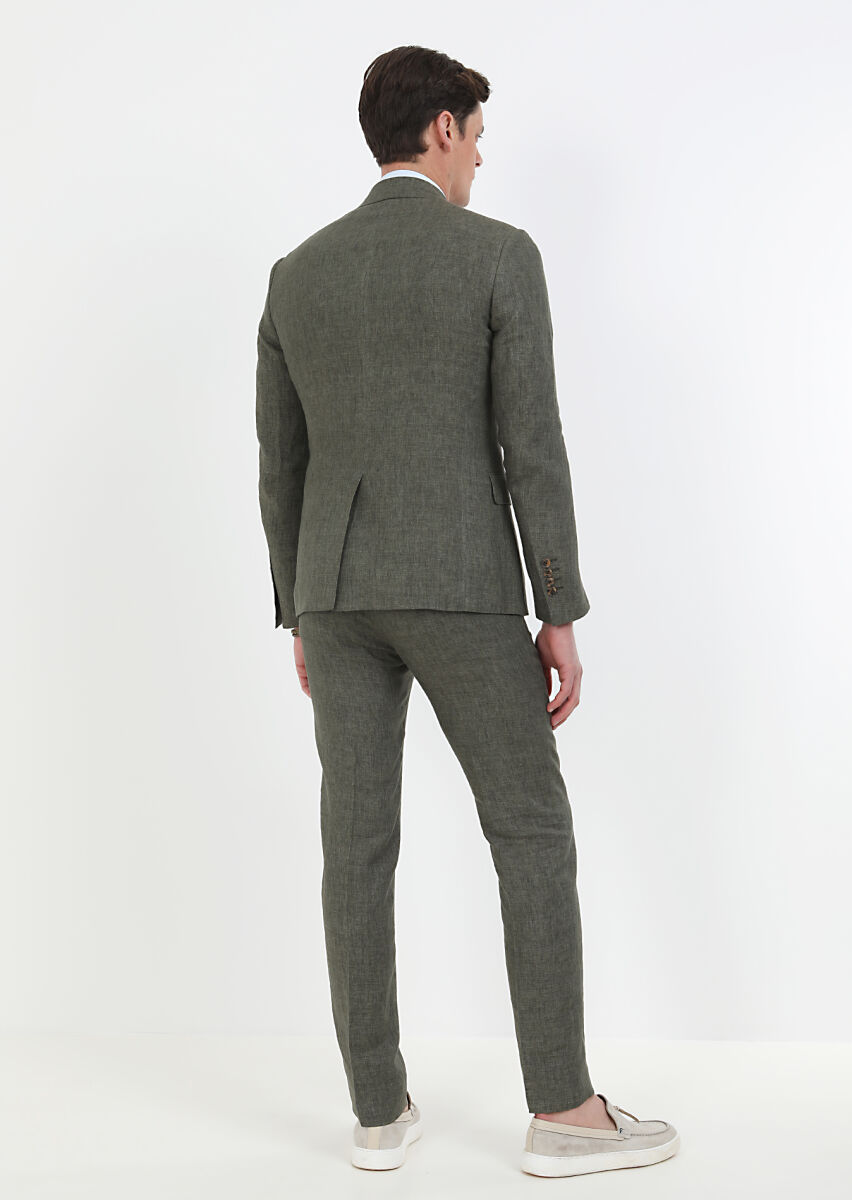 Khaki Plain Zeroweight Slim Fit 100% Linen Suit - 7