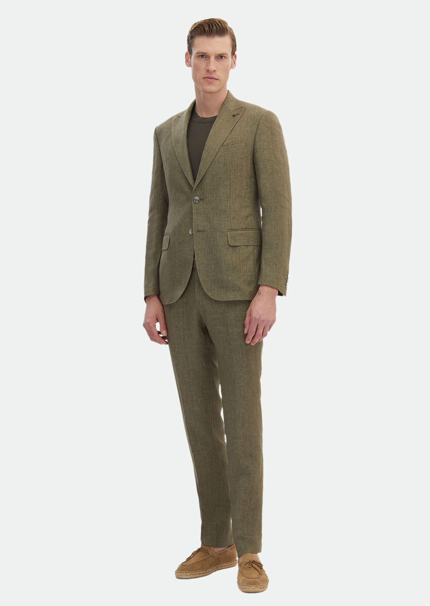 Khaki Plain Zeroweight Slim Fit 100% Linen Suit - 3