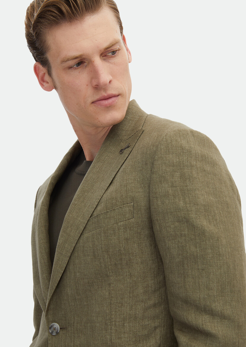 Khaki Plain Zeroweight Slim Fit 100% Linen Suit - 5