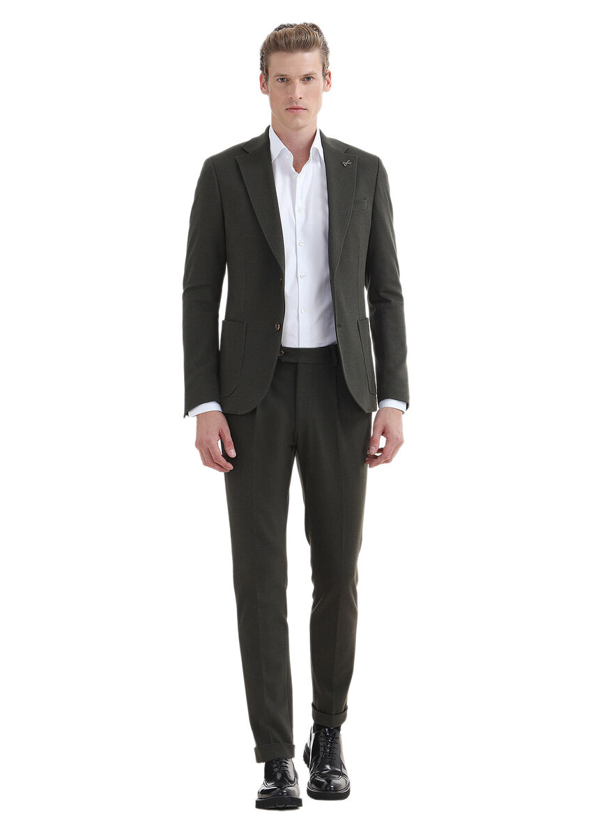 Khaki Plain Zeroweight Slim Fit Cotton Blended Suit - 1