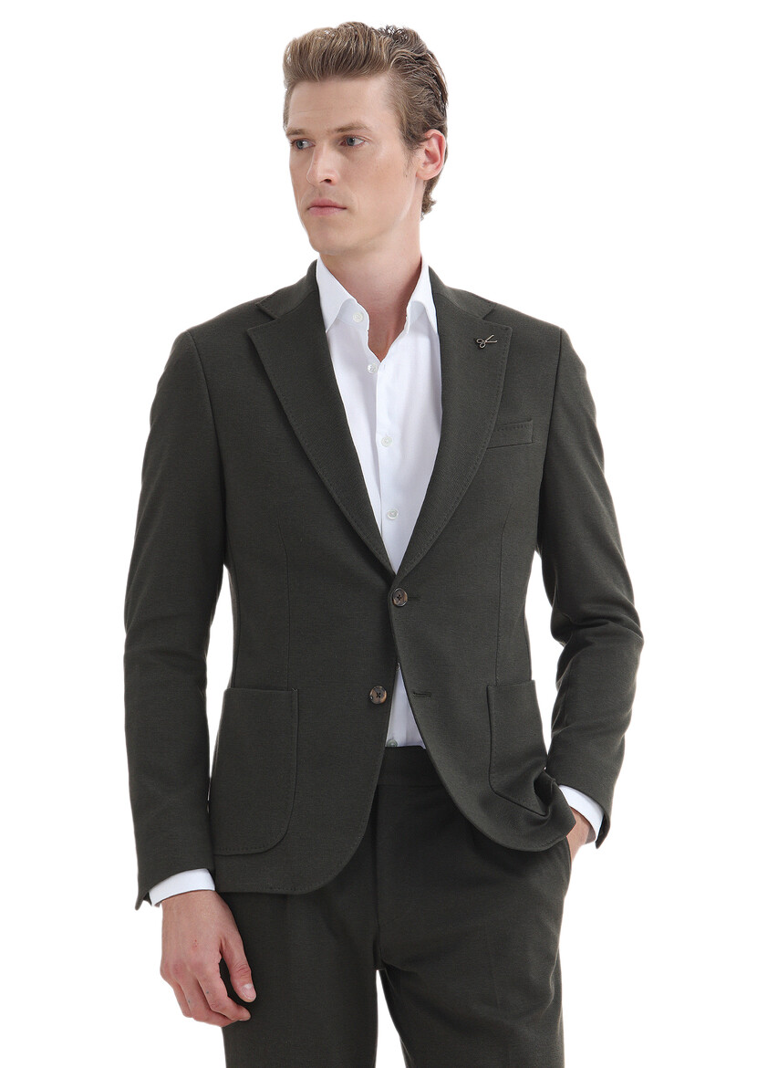 Khaki Plain Zeroweight Slim Fit Cotton Blended Suit - 2