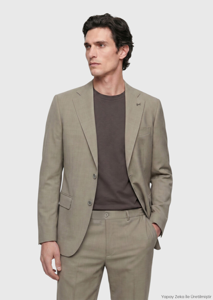 Khaki Plain Zeroweight Slim Fit Wool Blended Suit - RAMSEY