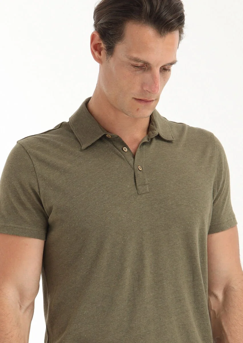 Khaki Polo Neck Cotton Blended T-Shirt - 3