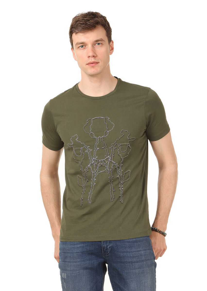 Khaki Printed 100% Cotton T-Shirt - 1