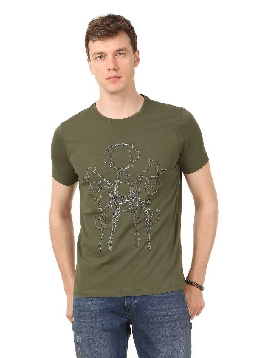 Khaki Printed 100% Cotton T-Shirt - 1