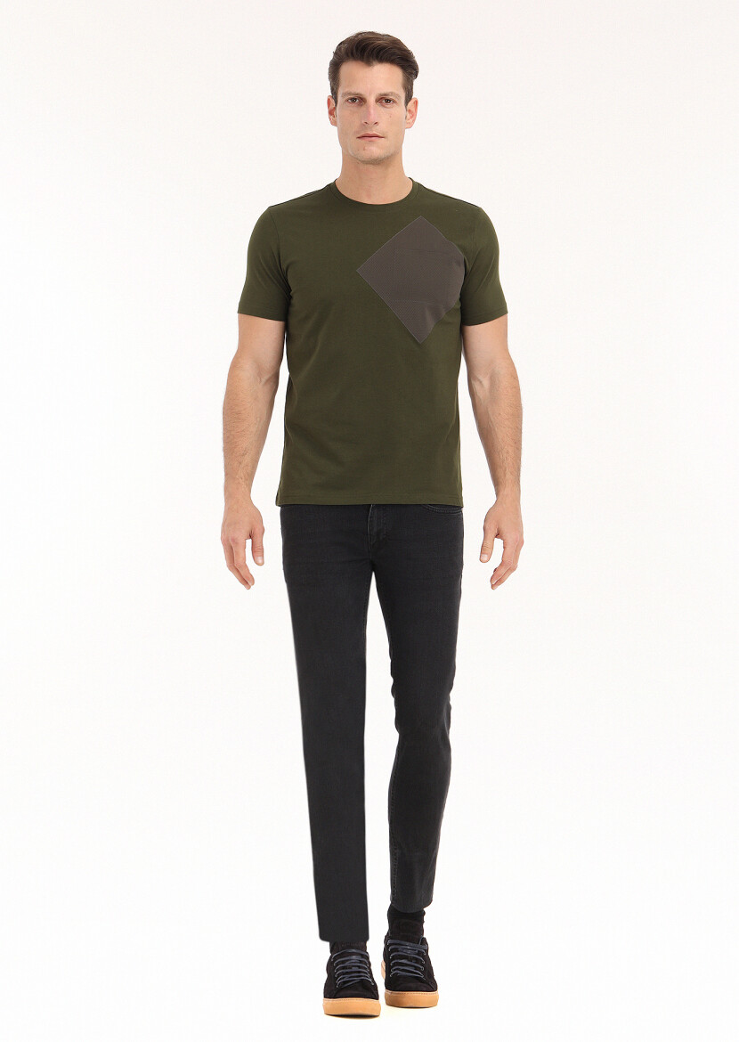 Khaki Printed Crew Neck 100% Cotton T-Shirt - 1