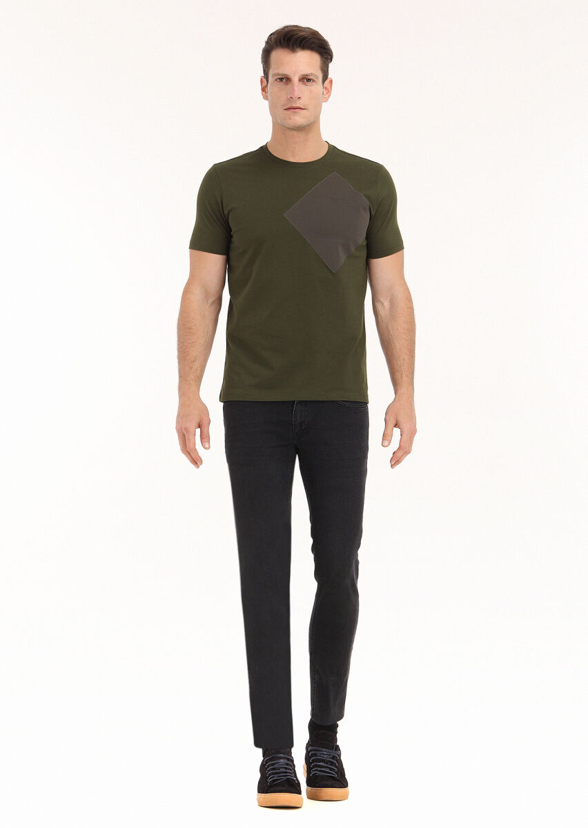 Khaki Printed Crew Neck 100% Cotton T-Shirt - 1