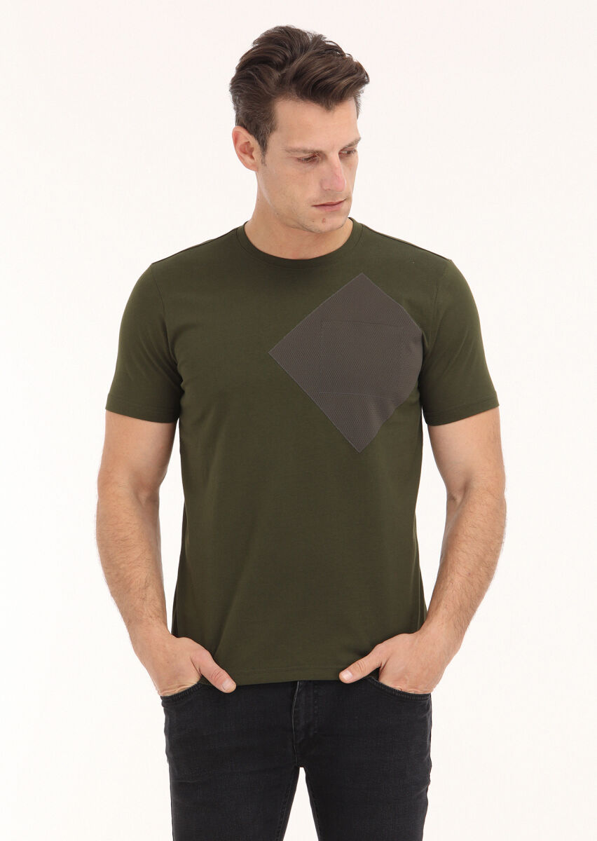 Khaki Printed Crew Neck 100% Cotton T-Shirt - 2