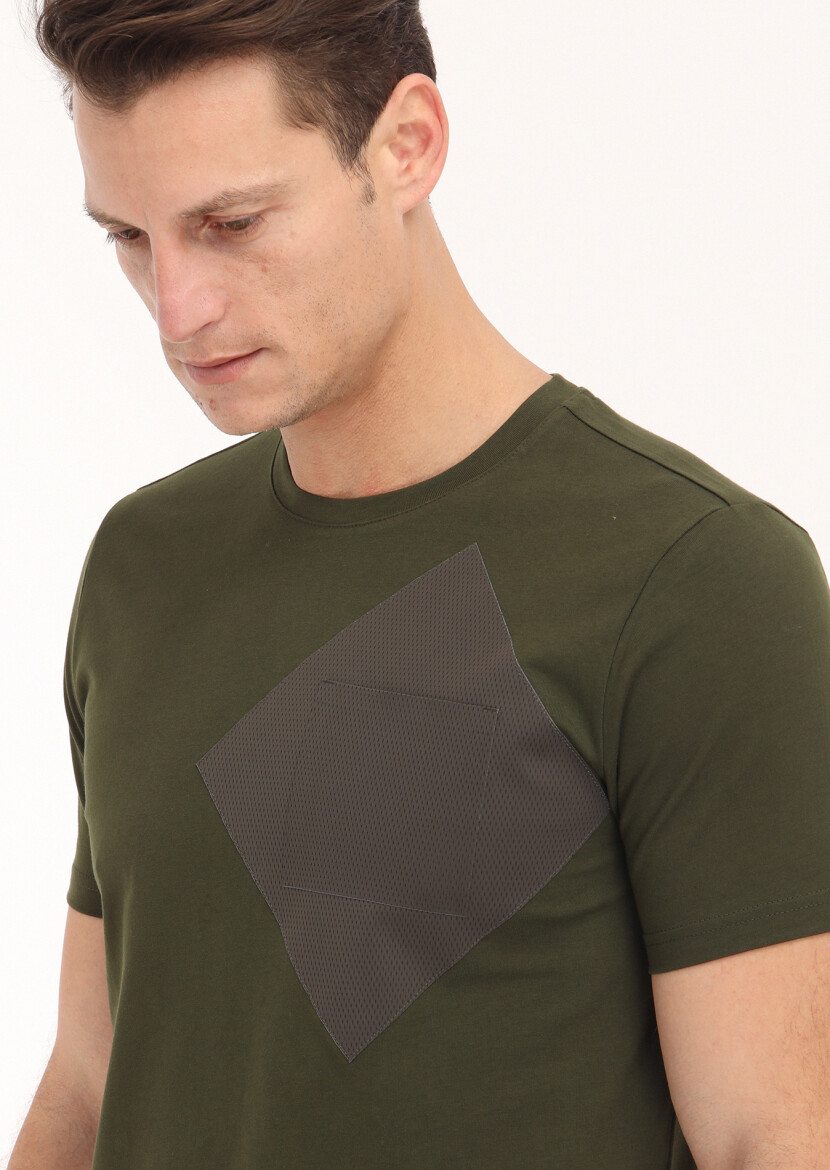 Khaki Printed Crew Neck 100% Cotton T-Shirt - 3