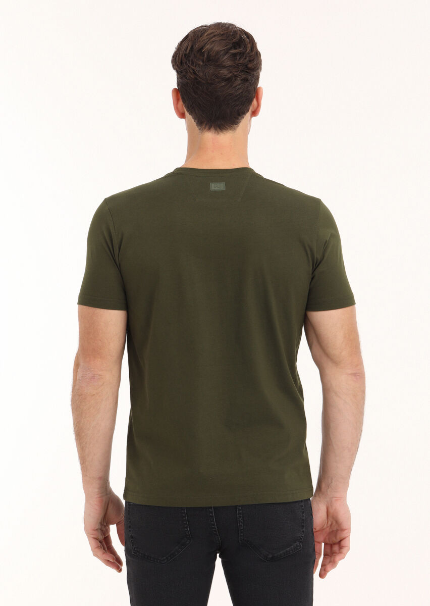 Khaki Printed Crew Neck 100% Cotton T-Shirt - 4