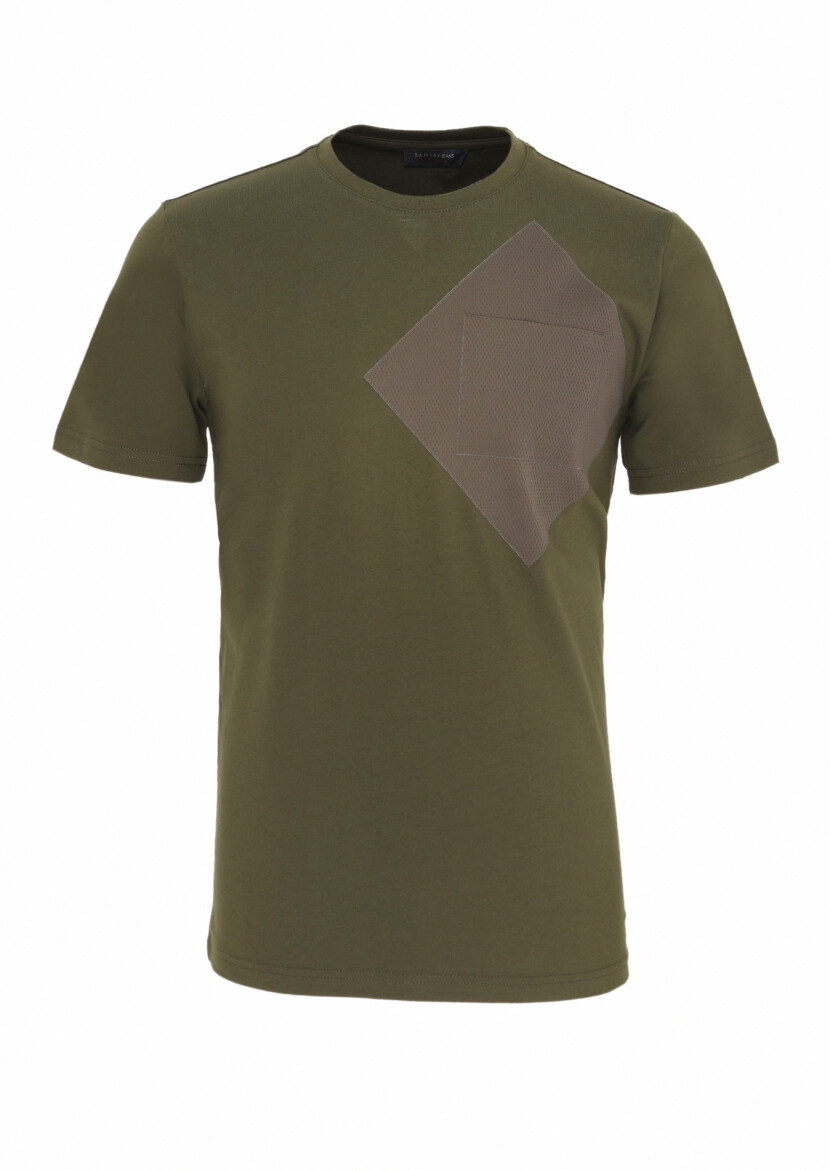 Khaki Printed Crew Neck 100% Cotton T-Shirt - 1