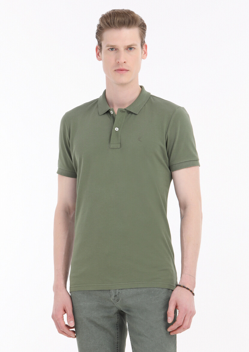 Khaki Printed Polo Neck 100% Cotton T-Shirt 