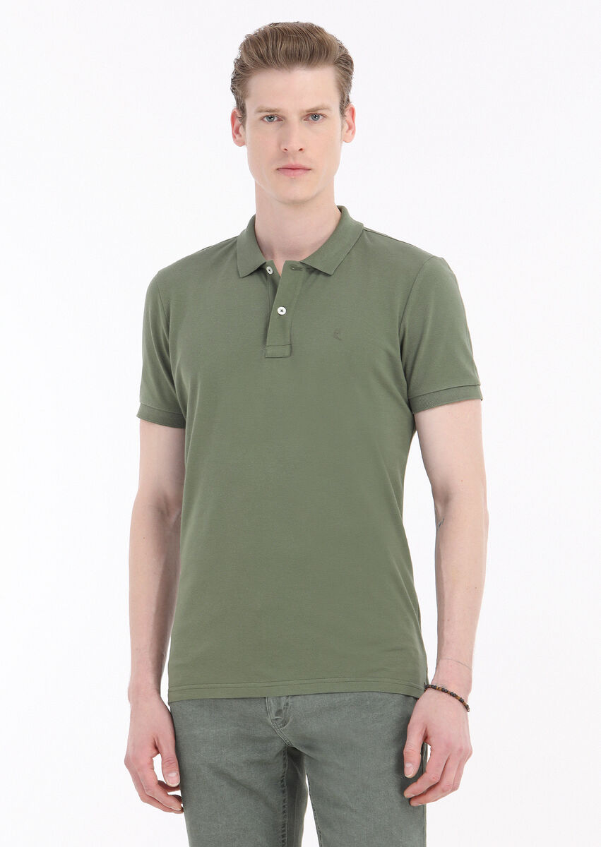 Khaki Printed Polo Neck 100% Cotton T-Shirt - 2