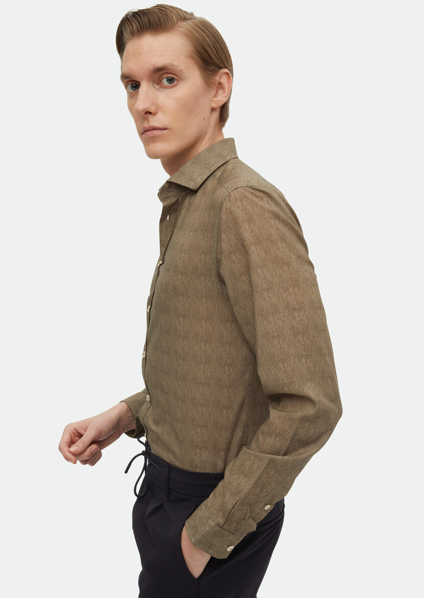 Khaki Printed Regular Fit Long Weaving Casual 100% Cotton Shirt - 1