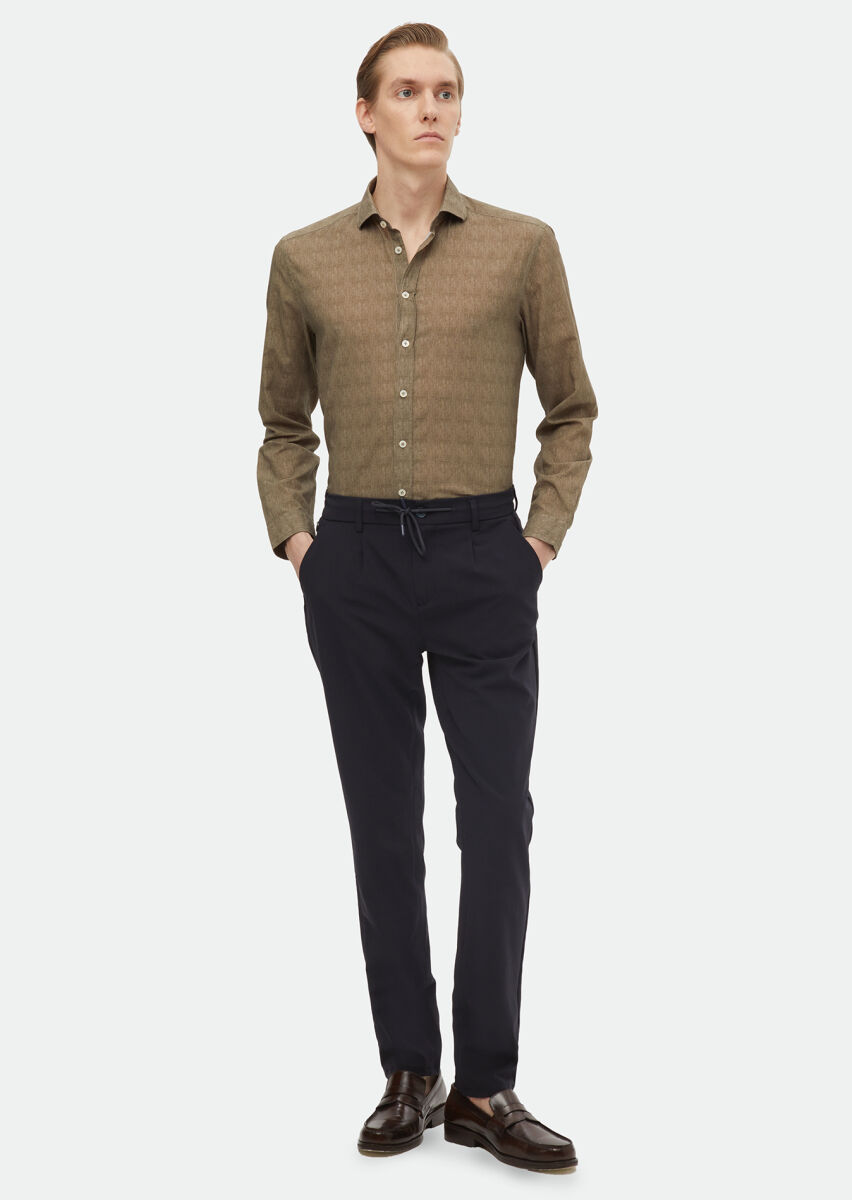 Khaki Printed Regular Fit Long Weaving Casual 100% Cotton Shirt - 3