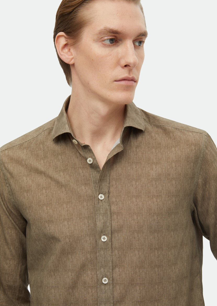 Khaki Printed Regular Fit Long Weaving Casual 100% Cotton Shirt - 4