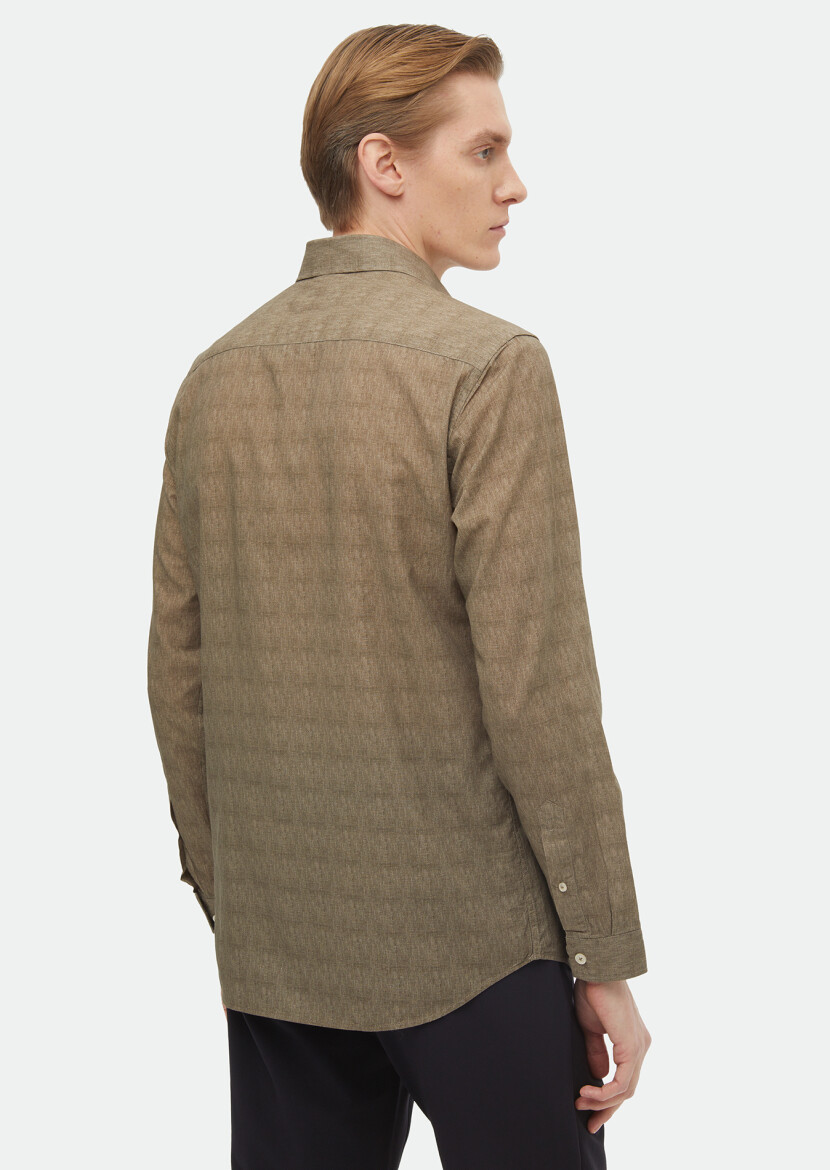 Khaki Printed Regular Fit Long Weaving Casual 100% Cotton Shirt - 5