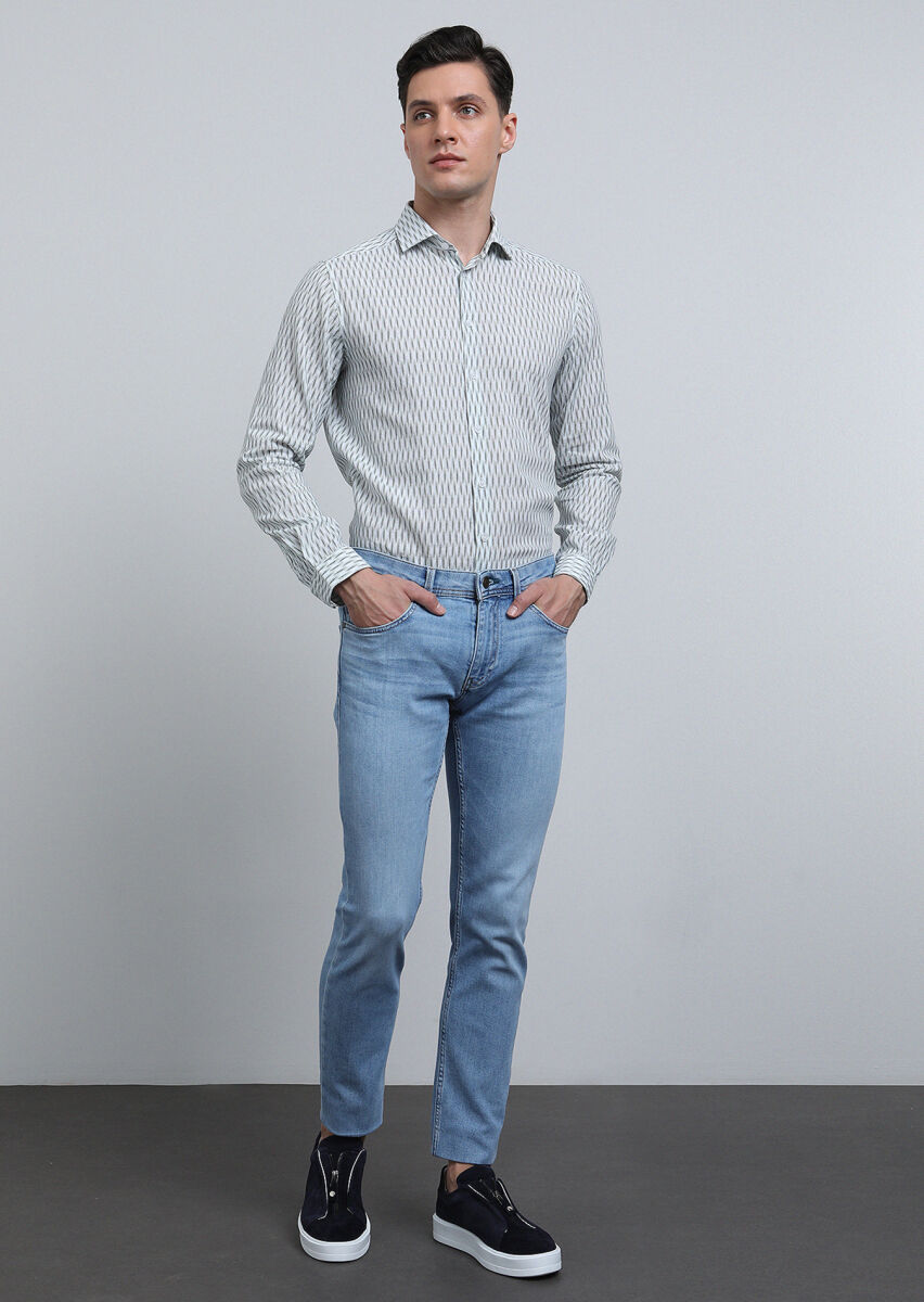 Khaki Printed Regular Fit Long Weaving Casual Cotton Blended Shirt - 3