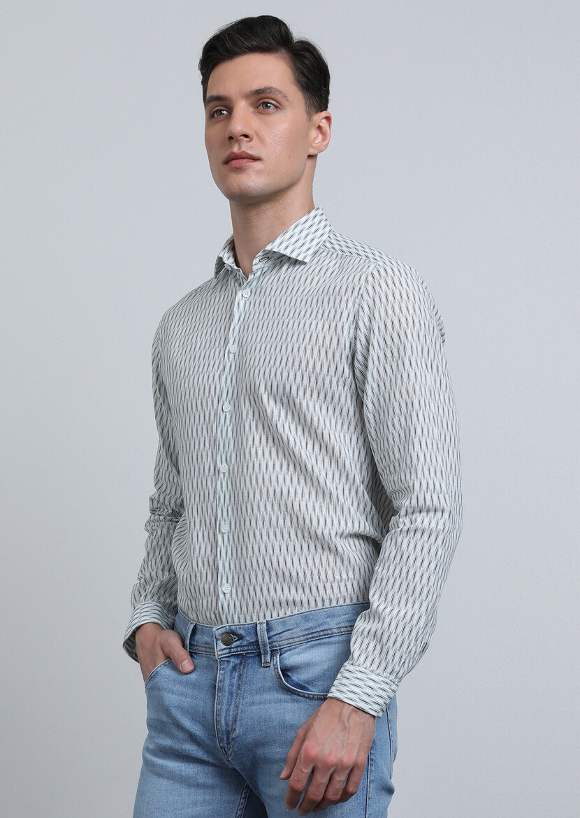 Khaki Printed Regular Fit Long Weaving Casual Cotton Blended Shirt - 4