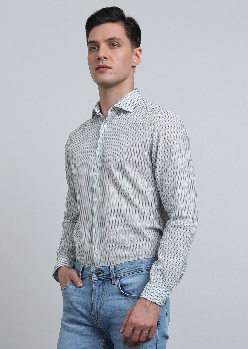Khaki Printed Regular Fit Long Weaving Casual Cotton Blended Shirt - 4