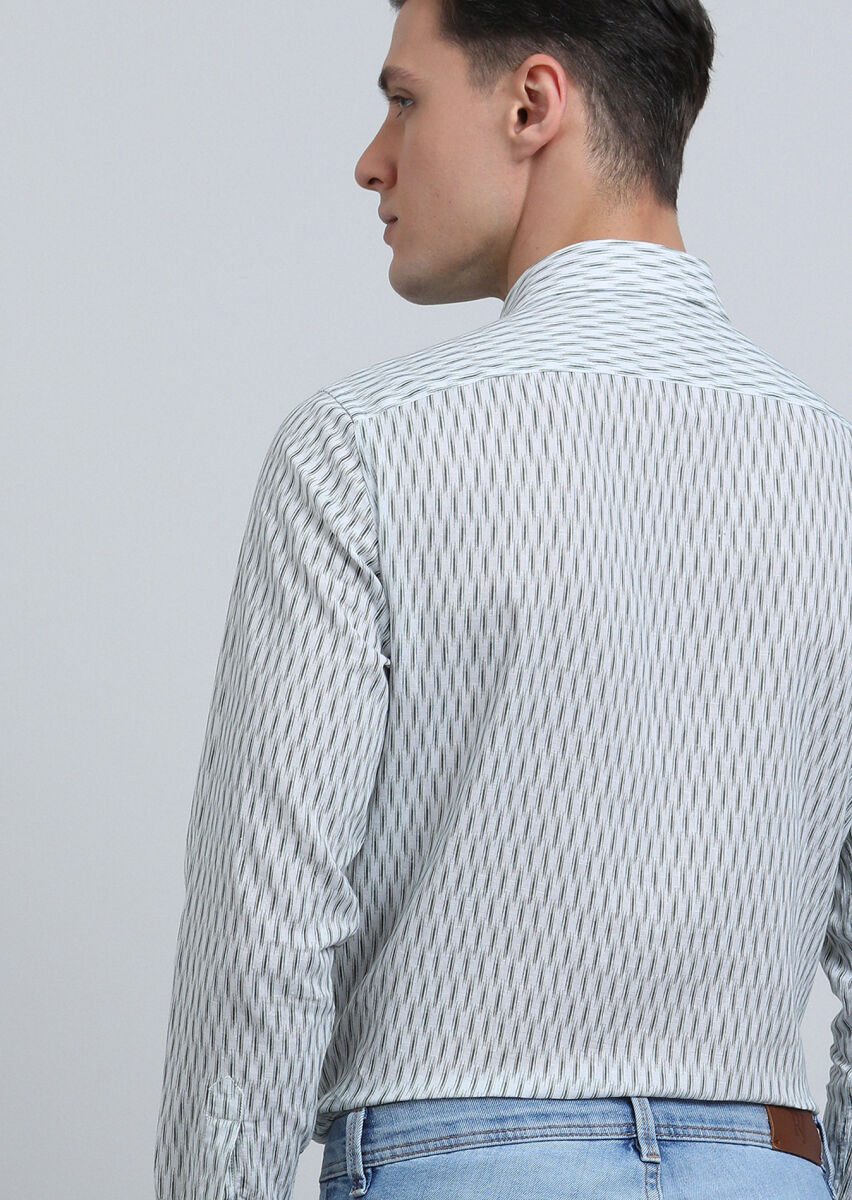 Khaki Printed Regular Fit Long Weaving Casual Cotton Blended Shirt - 5