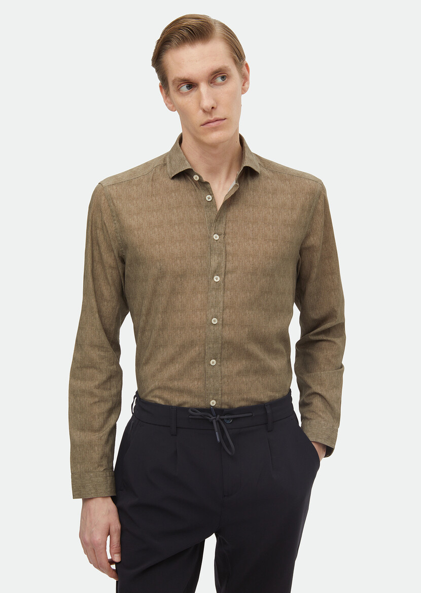 Khaki Printed Regular Fit Weaving Casual 100% Cotton Shirt 