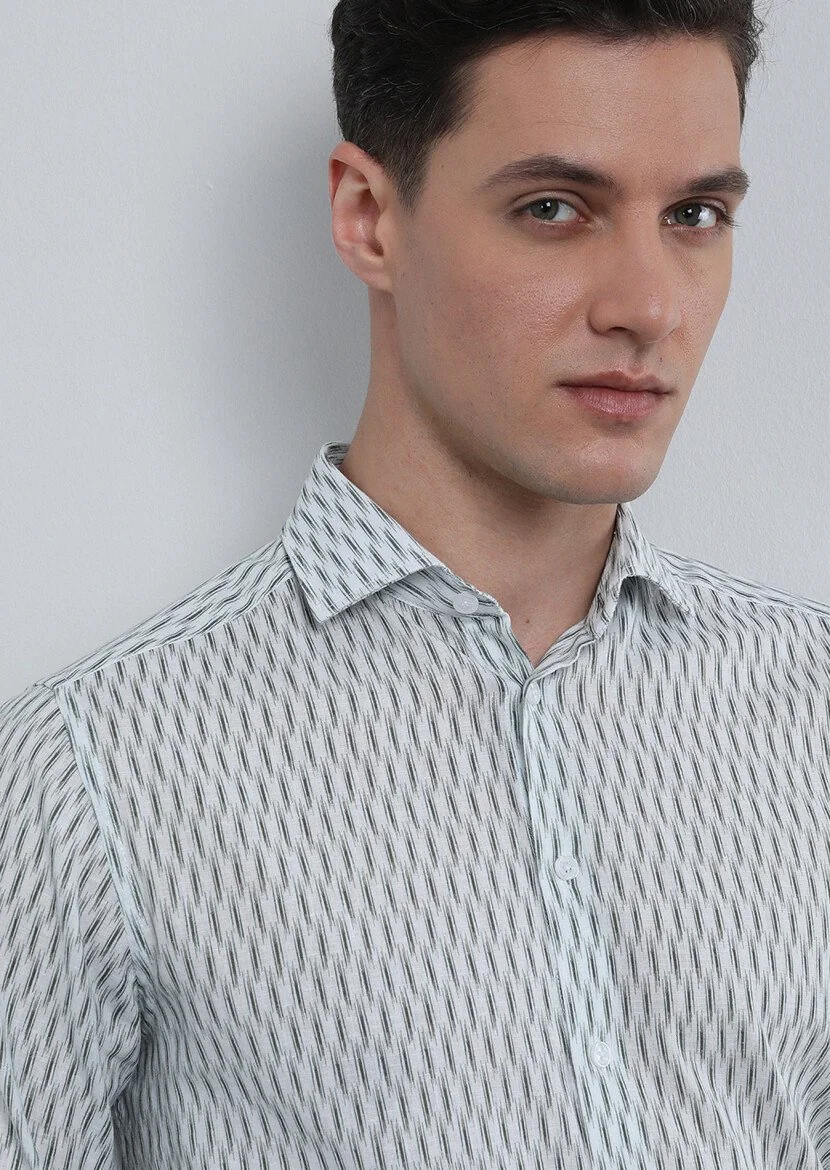 Khaki Printed Regular Fit Weaving Casual Cotton Blended Shirt 