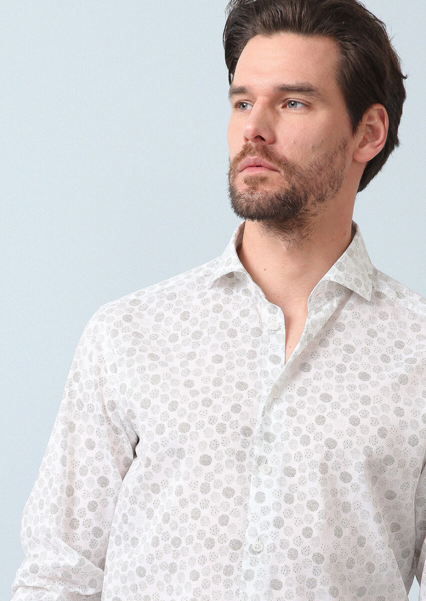 Khaki Printed Slim Fit Long Weaving Casual 100% Cotton Shirt - 3