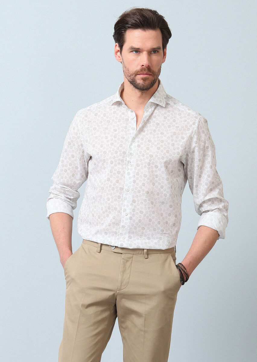 Khaki Printed Slim Fit Long Weaving Casual 100% Cotton Shirt - 4