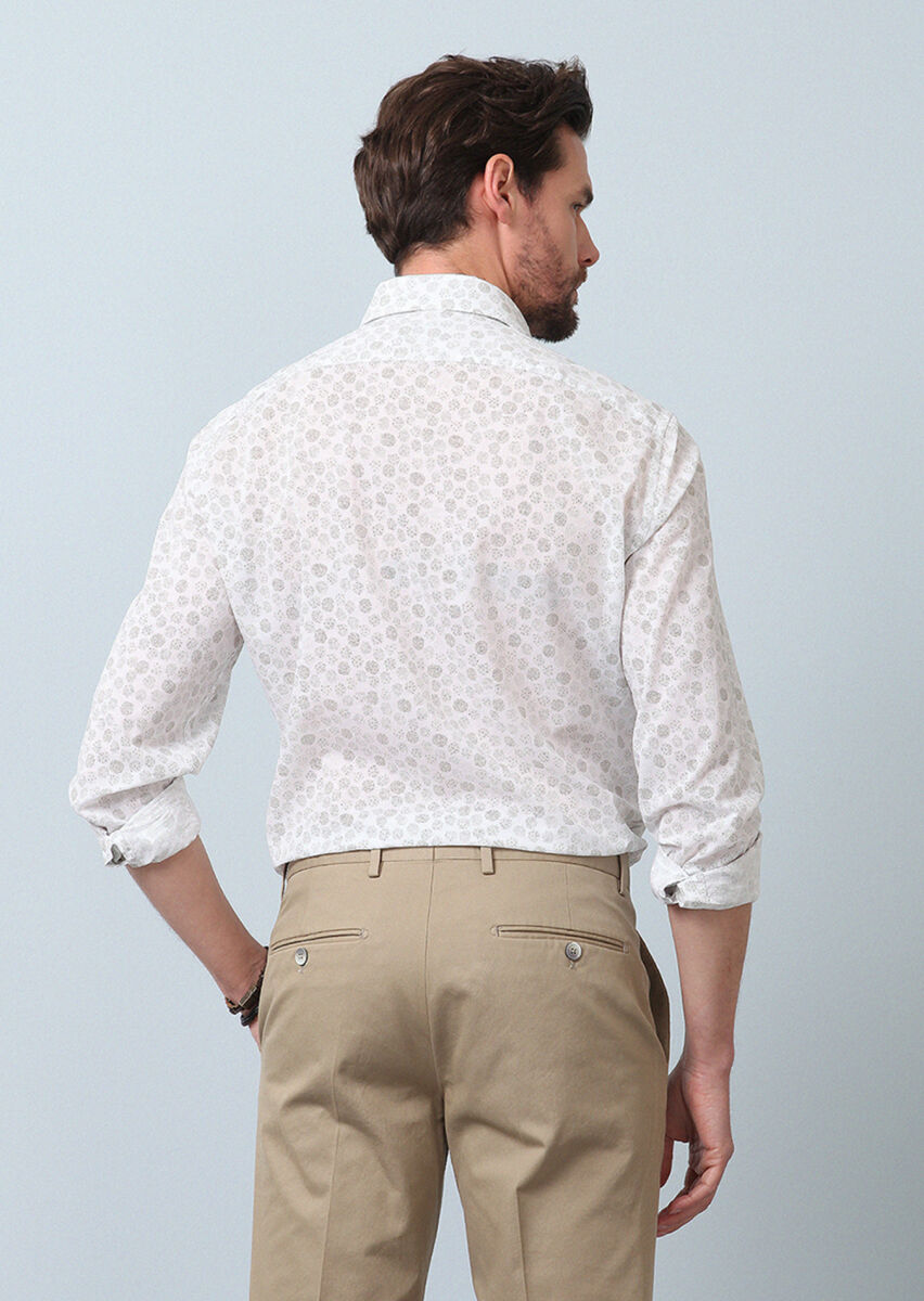 Khaki Printed Slim Fit Long Weaving Casual 100% Cotton Shirt - 6