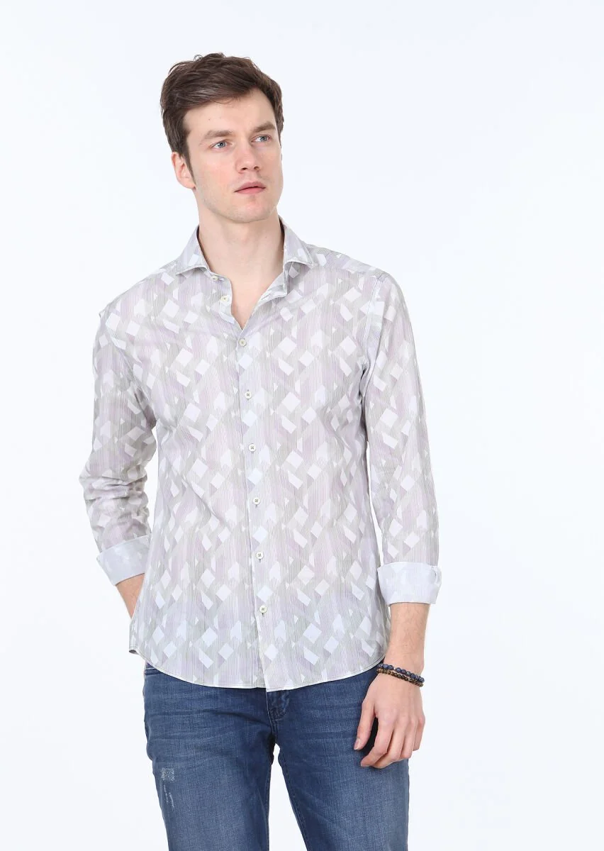 Khaki Printed Slim Fit Weaving Casual 100% Cotton Shirt - 1