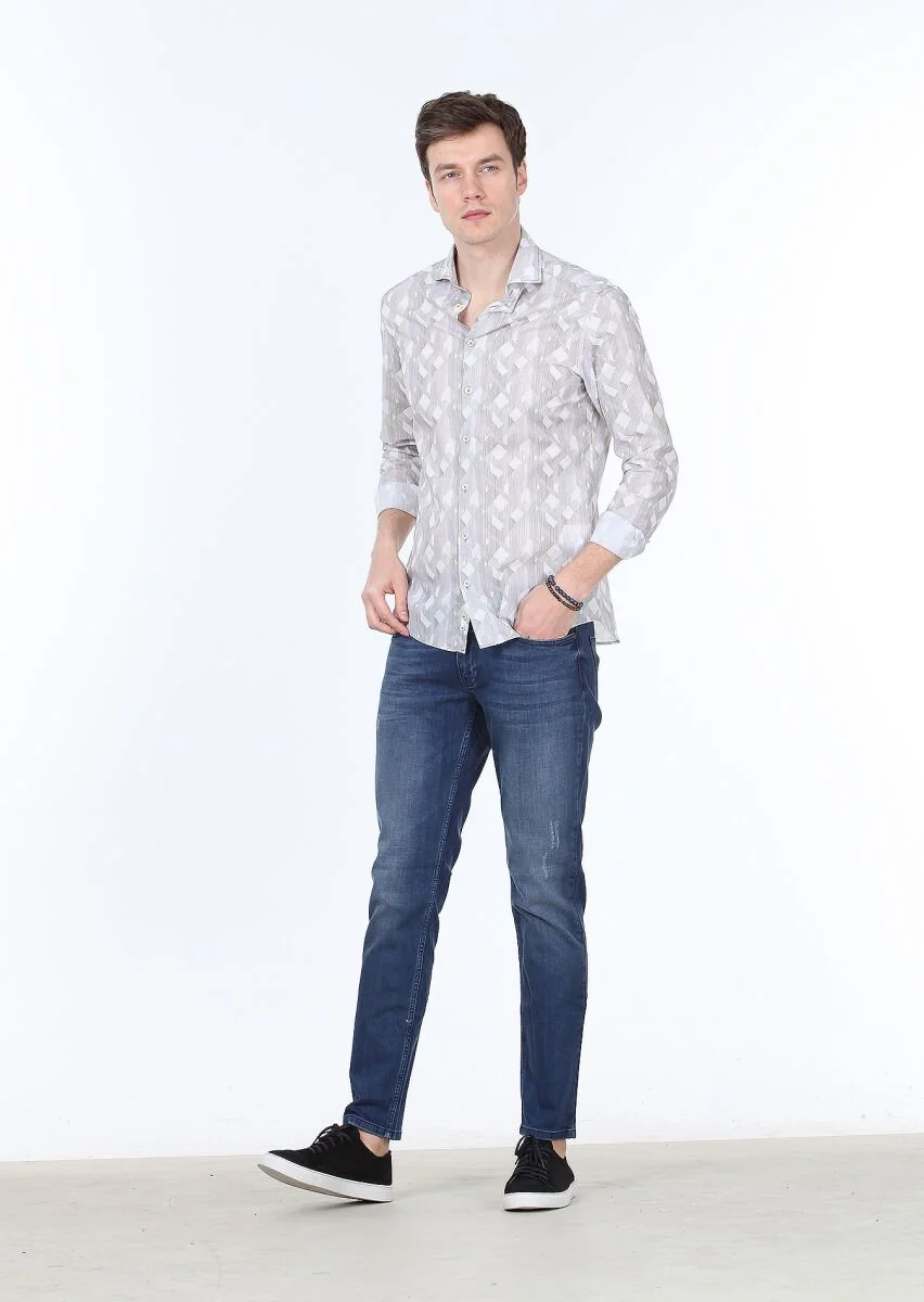 Khaki Printed Slim Fit Weaving Casual 100% Cotton Shirt - 2