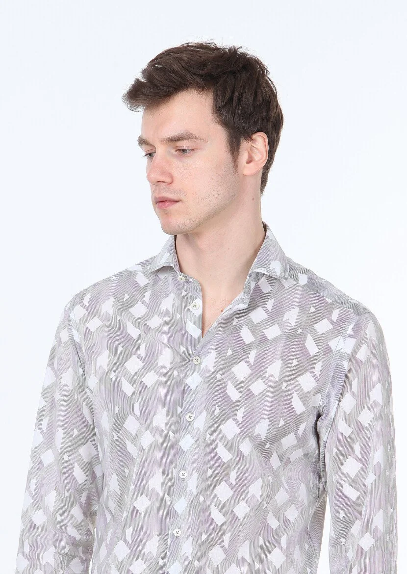 Khaki Printed Slim Fit Weaving Casual 100% Cotton Shirt - 3