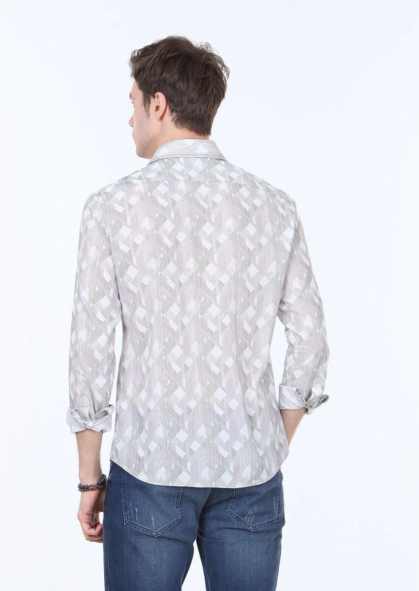 Khaki Printed Slim Fit Weaving Casual 100% Cotton Shirt - 4