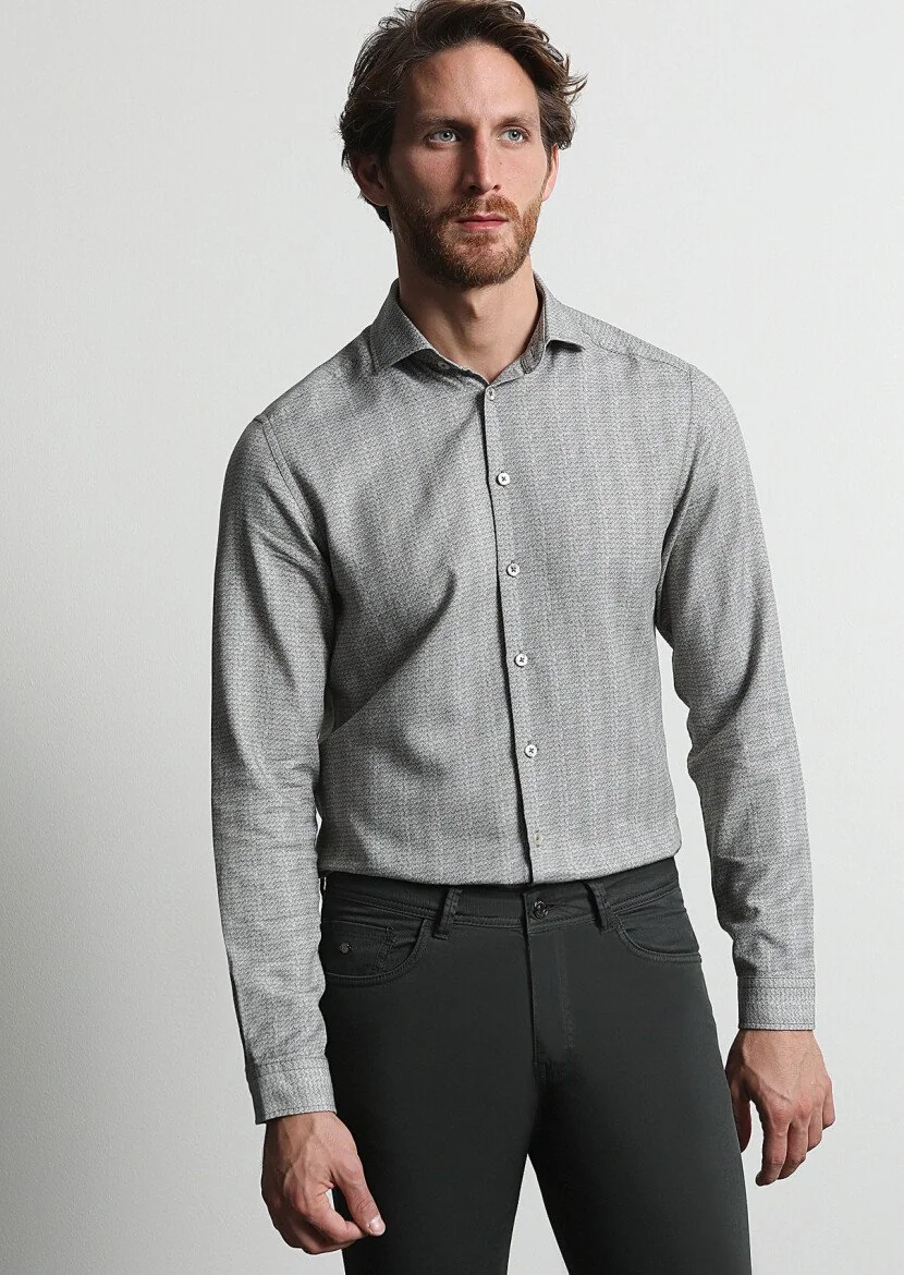 Khaki Printed Slim Fit Weaving Casual 100% Cotton Shirt - 1