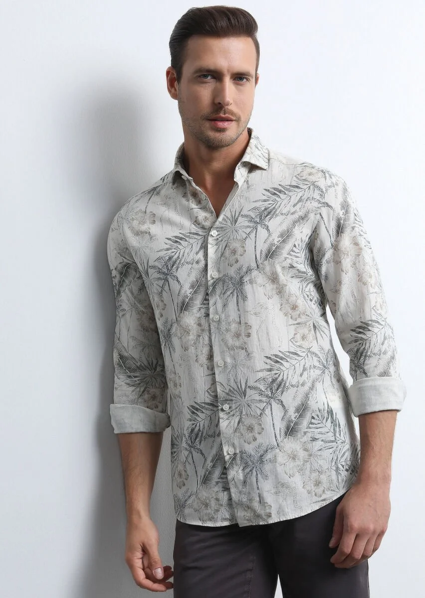 Khaki Printed Slim Fit Weaving Casual Cotton Blended Shirt - 1