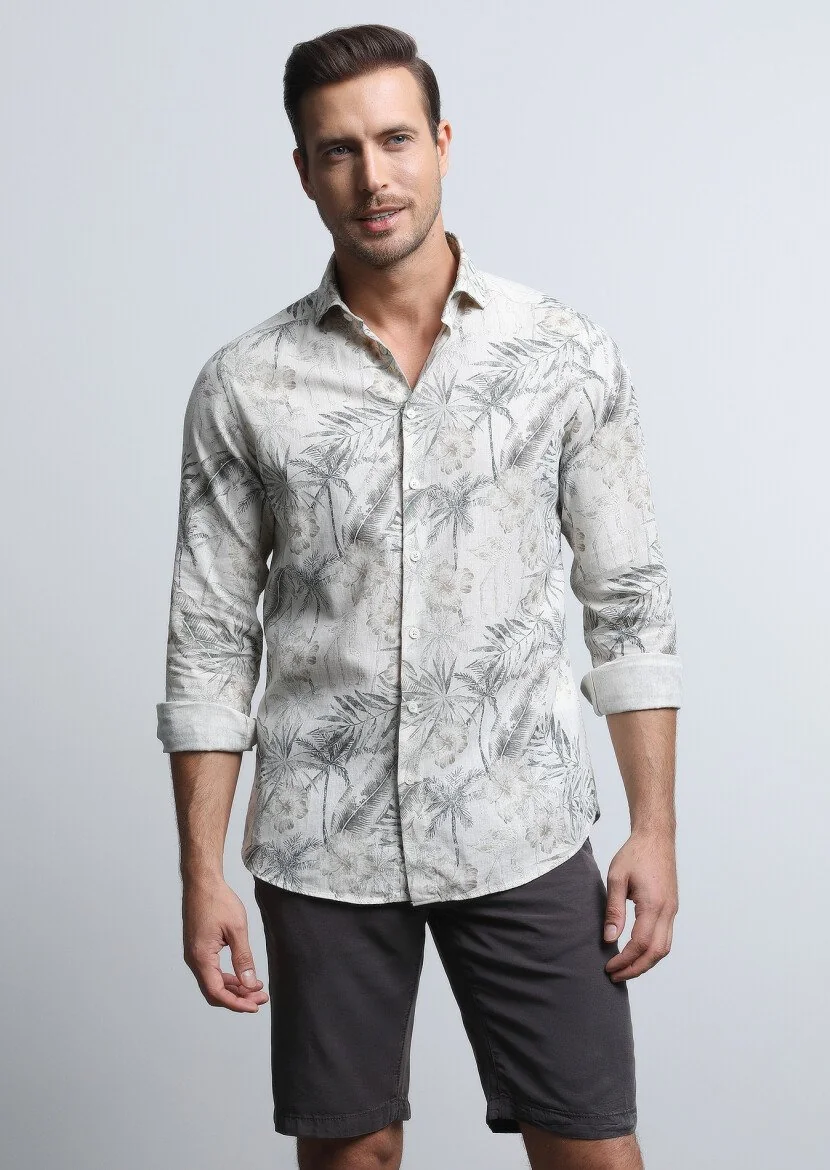 Khaki Printed Slim Fit Weaving Casual Cotton Blended Shirt - 2