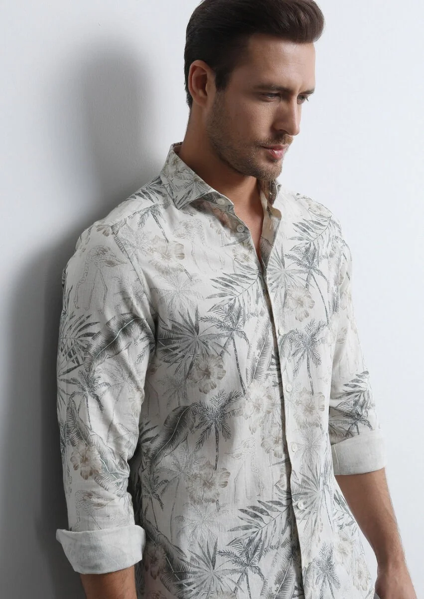 Khaki Printed Slim Fit Weaving Casual Cotton Blended Shirt - 3