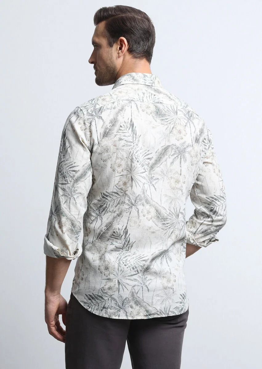 Khaki Printed Slim Fit Weaving Casual Cotton Blended Shirt - 5